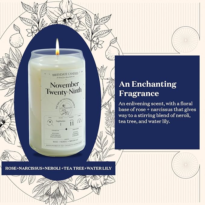 Birthdate Candles, November 29 - Sagittarius Zodiac Scented Candles Birthday Gift - Rose, Neroli & Water Lily Scent - All-Natural Soy & Coconut Wax, 60-80 Hour Burn Time - Made in USA