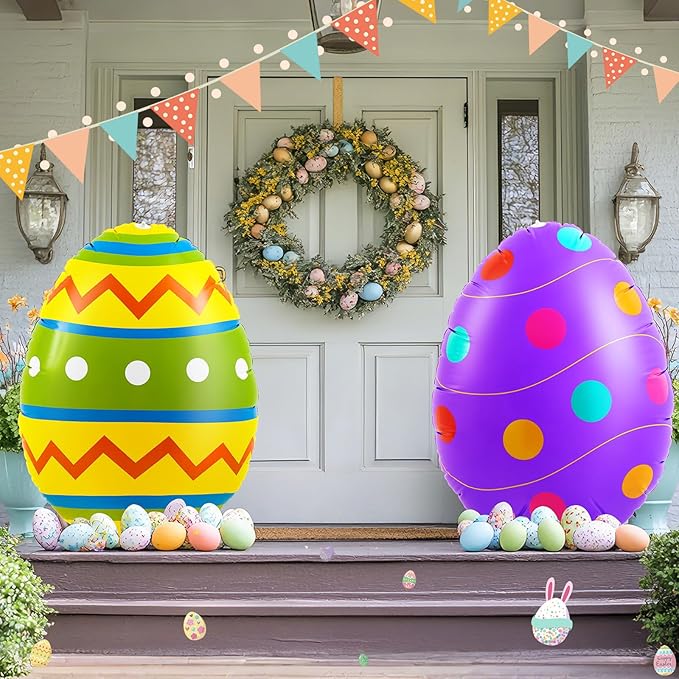 Liliful 2 Pcs 40inch Giant Easter Inflatables PVC Decorations Standing Blow up Colorful Easter Egg Rabbit Bunny Outdoor Decor for Holiday Party Yard Indoor Outdoor Garden Lawn(Polka Dot)