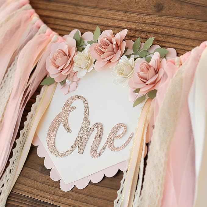 First Birthday Decorations for Girl Light Pink High Chair Banner One Flower Cake Topper Floral Hat Wildflower Garland 1st Birthday Decoration Supplies