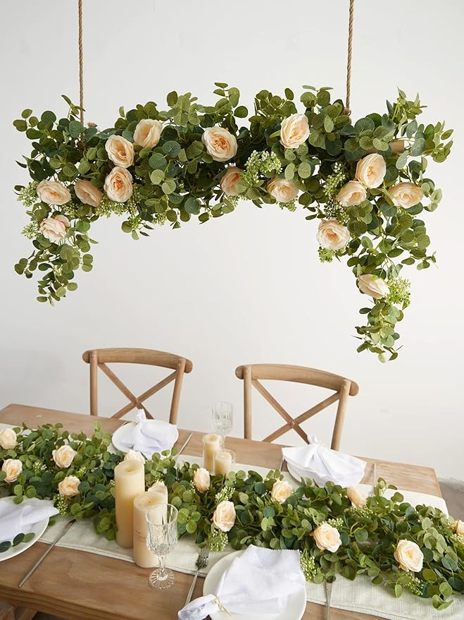 PARTY JOY 2pcs 6.56ft Eucalyptus Garland with Flowers-8 Champagne Roses-Lush,Natural Looking, Floral Garland Greenery for Party Wedding Table Indoor Outdoor Backdrop Wall Decor（Champagne）