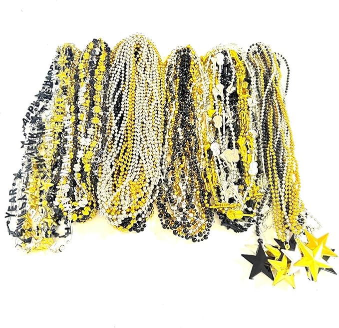 90 Pcs with 6 Styles Happy New Year Bead Black Gold Silver New Year New Year's Eve Beads Gift New Year Party Decorations