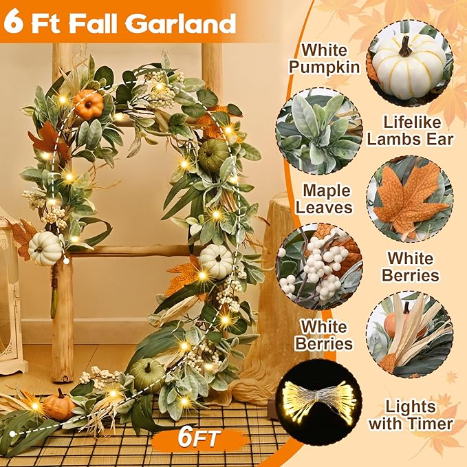 Fall Decor,Fall Garland for Mantel, 6 FT Fall Garland with Light, Lighted Autumn Garlands with Faux Lamb's Ear & Pumpkins, Thanksgiving Table Centerpiece, Fall Decorations for Home Porch Fireplace