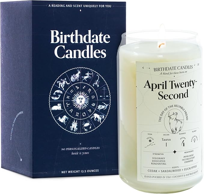Birthdate Candles, April 22 - Taurus Zodiac Scented Candles Birthday Gift - Cedar, Sandalwood & Eucalyptus Scent - All-Natural Soy & Coconut Wax, 60-80 Hour Burn Time - Made in USA