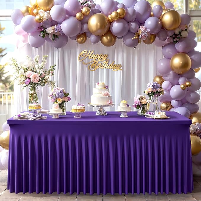 6 Packs Purple Table Clothes for 6 Foot Rectangle Tables, One-Piece Wrinkle Resistant Stretch Spandex Table Covers with Skirt for Event Banquet Wedding Birthday Party