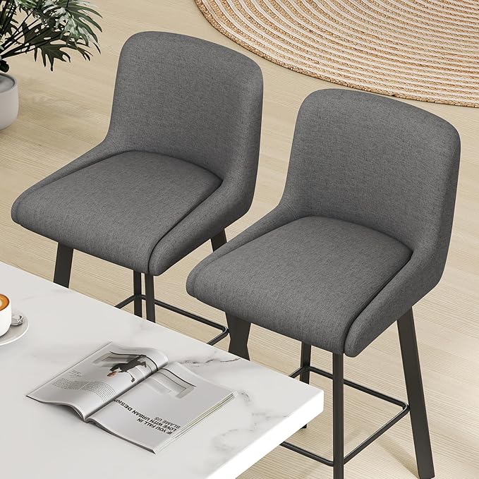 Swivel Bar Stools Set of 3, 29''H Upholstered Barstools with Backs, Modern Counter Height Bar Stool Chairs for Kitchen Island, Metal Legs, Fabric, Gray Counter Stools