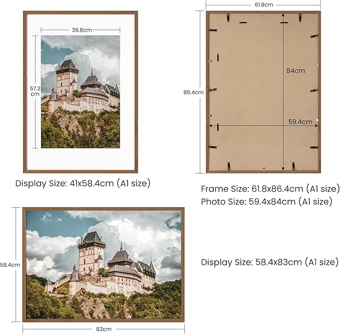Axeman A1 Picture frame Solid Oak Wood, 23.4 x 33.1 inch Large Picture Frames with Mat 16.5 by 23.4 for Photo, A1 Size Frames Matted to A2 Print, 23.4x33.1 Thin Frame, Tempered Glass, Natural Oak