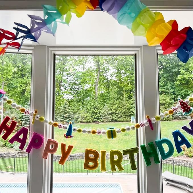 2 PCS Pre-Strung Happy Birthday Banner, Rainbow Party Decorations, HAPPY BIRTHDAY Felt Ball Garland, Personalized Birthday Sign for Birthday Decor, Party Supplies, Photo Prop, Decoración De Cumpleaños