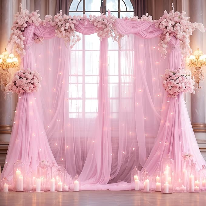 30x8ft Baby Pink Tulle Backdrop Curtain with Lights String for Parites, Sheer Photo Backdrop Curtains with Lights for Wedding Backdrop Ceremony Reception Bridal Shower Baby Shower Birthday Party