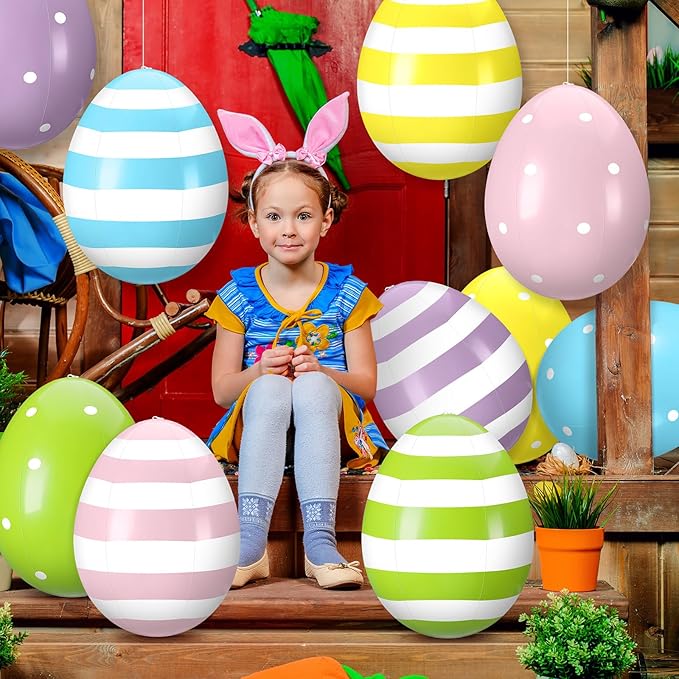 Leyndo 10 Pack 16 inch Inflatable Easter Eggs Decorations Easter Inflatables Outdoor Decor Colorful Eggs Inflatable Easter Eggs Ornaments for Easter Yard Garden Lawn Party Supplies