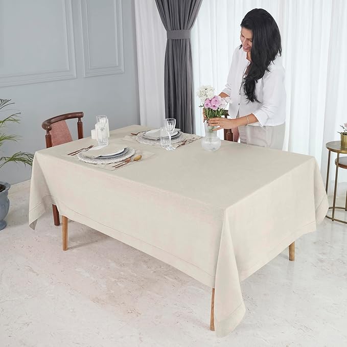 D'Moksha Homes Light Natural Linen Tablecloth 60 x 108 Inch - 100% Pure Linen Natural Table Cloth for Rectangle Tables - Classic Hemstitch, Machine Washable Tablecloth for Valentines, Spring, Easter