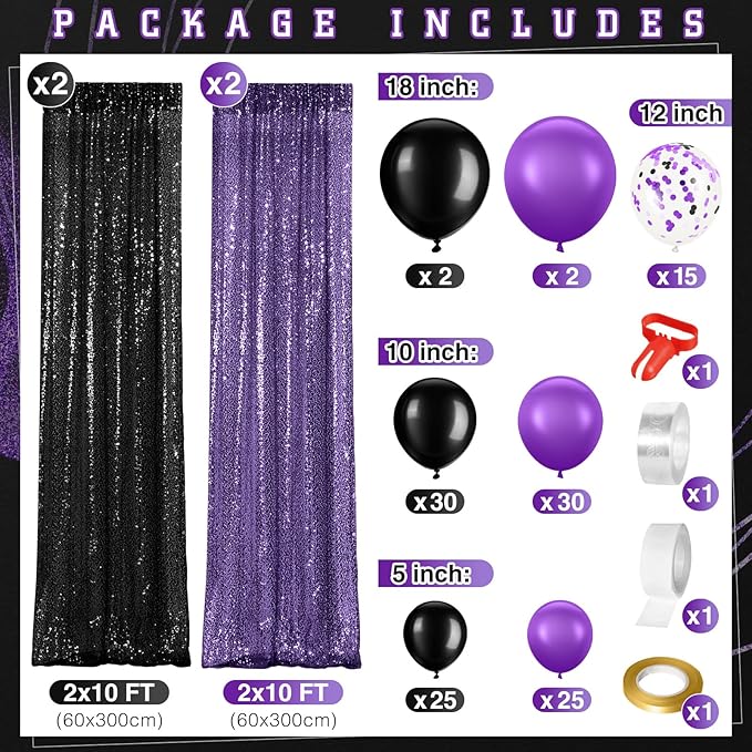 137 Pcs Purple Black Party Backdrop Kits - 4 Sequin Backdrop Curtain 133 Balloon Arch Garland Kit Photo Background for Birthday Christmas New Year Halloween Graduation Weeding Decor