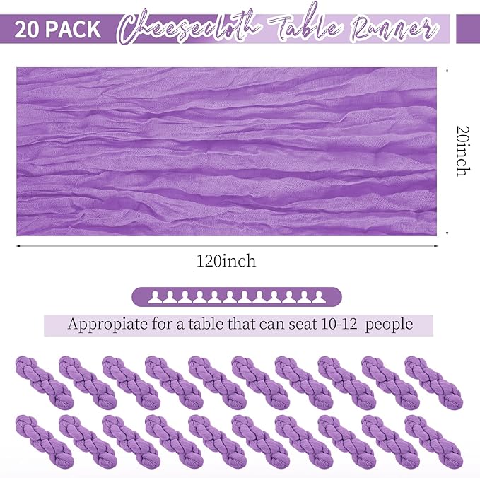 20 Pack Purple Table Runner 10Ft Cheesecloth Table Runner Boho Gauze Cheese Cloth Table Runners Romantic Long Sheer Fabric Table Runners for Wedding Party Bridal Shower