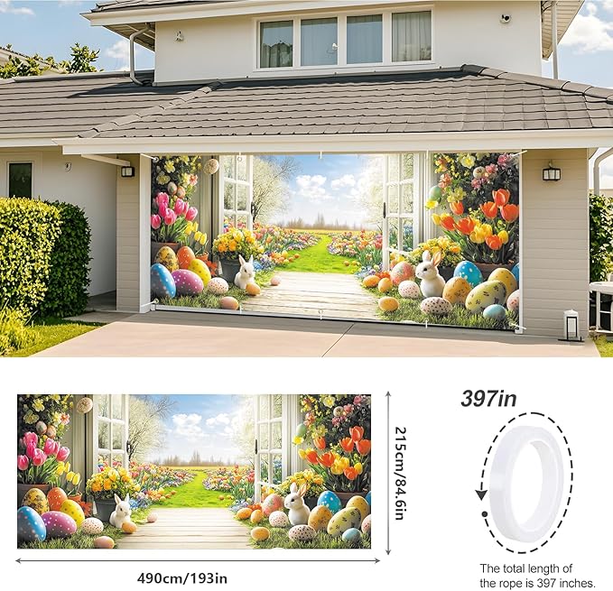 Easter Garden View Garage Door Banner 7x16FT, Spring Flowers, Easter Eggs & Bunnies, Outdoor Decoration for Yard, Garage & Front Door
