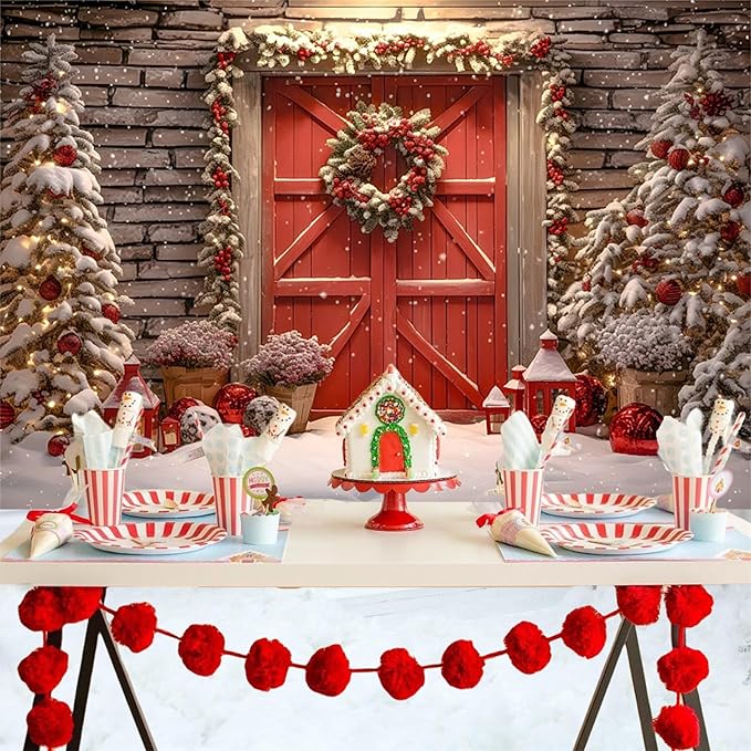 Baocicco 10x7ft Merry Christmas Backdrop Photographers Red and White Barn Door Christmas Trees Snow Background Cloth Happy New Year Party Banner Supplies Winter Family Banner Photo Booth Studio Prop