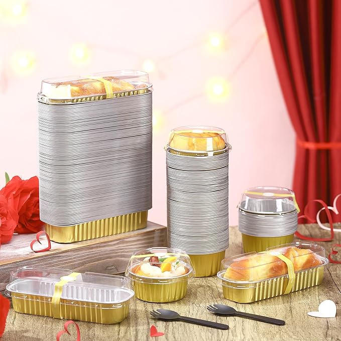 Suclain 600 Pcs Mini Loaf Pans with Lids and Spoons Sealing Stickers 6.8oz Disposable Aluminum Foil Muffin Baking Pans 5oz Cupcake Cups Cake Containers for Mothers Day Holidays Party Picnics(Gold)