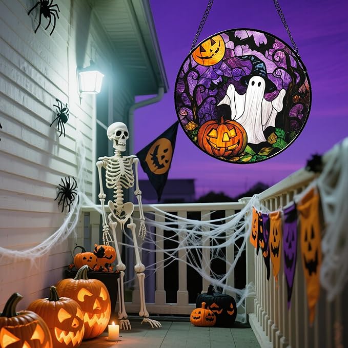Stained Glass Window Hanging Halloween White Ghost Black Bat 15" - Suncatcher Door Garden Sunroom Horror Pumpkin Sun Catcher Birthday for Friend Mom Men Woman Nana