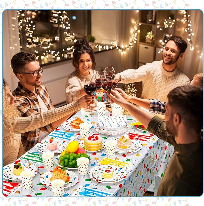 452 Pcs Christmas Party Decorations for 50 Guests, Colorful Christmas Lights Paper Plates Napkins Cups Tablecloth Cutlery Straws Disposable Tableware Set for Xmas Holiday Party Supplies