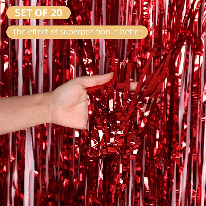 20 Pack Red Foil Fringe Curtains 3.2ft x 9.8ft Black Foil Curtain Backdrop Metallic Tinsel Curtains Streamer Photo Booth Backdrop for Birthday Party Engagement Bachelorette Party Decorations