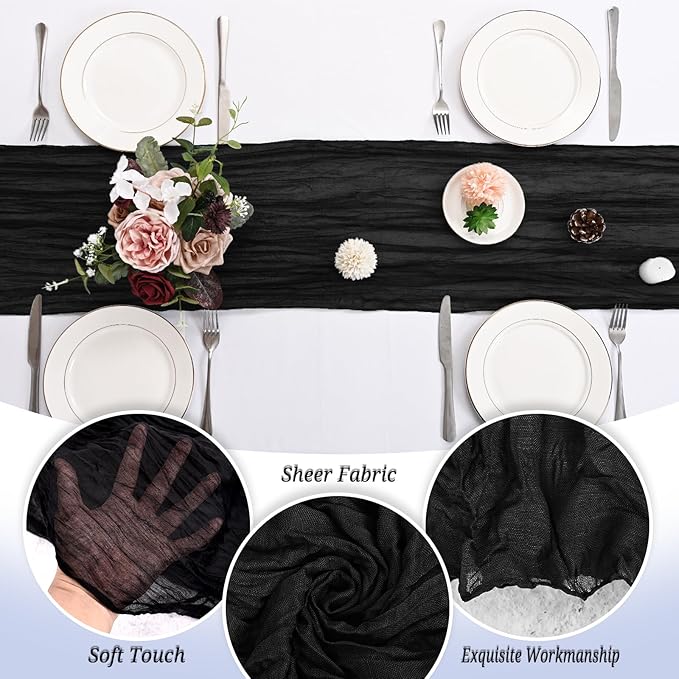 24 Pack Black Cheesecloth Table Runner 120 inch Fall Thanksgiving Boho Rustic Gauze Farmhouse 10FT Cheese Cloth Runner for Baby Shower Wedding Party Holiday Home Decor