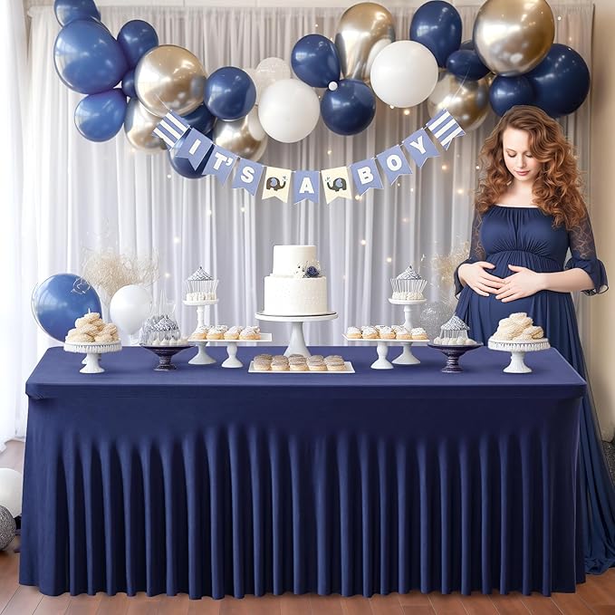 2 Packs Navy Blue Table Clothes for 8 Foot Rectangle Tables, One-Piece Wrinkle Resistant Stretch Spandex Table Covers with Table Skirt for Event Banquet Wedding Birthday Party
