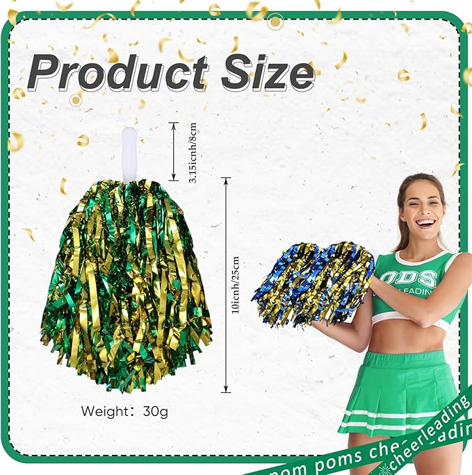 Hanaive 100Pcs Metallic Cheerleading Pom Poms with Baton Handle Cheerleader Pompom Foil 30g Cheering Squad Hand Flowers for Adults Team Spirit Sports Party Cheering