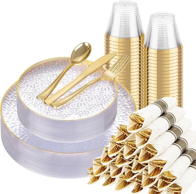 Hioasis 175pcs Clear Gold Plastic Plates - Clear Plastic Dinnerware Set Includes 25 Dinner Plate, 25 Dessert Plate, 25 Cups, 25 Napkins Perfect for Wedding & Party