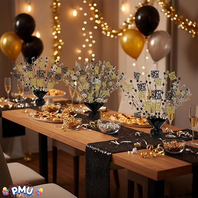 PMU 12Pc New Year's Eve Bursting Centerpiece for Table Decor, Table Balloon Weights| for Theme Party Decorations Supplies Black |15in