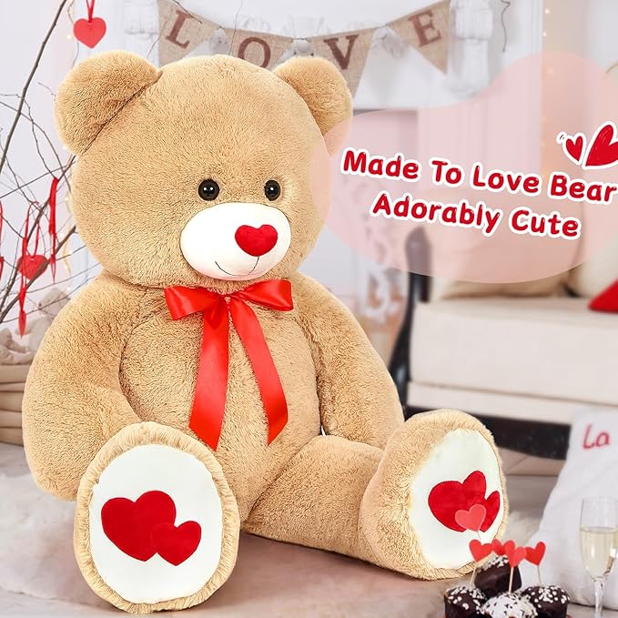 Tezituor Giant Teddy Bear Stuffed Animal 4ft - Big Teddy Bear with Love Red Heart - Brown Large Stuffed Bear Plush Toys for Kid Christmas Birthday - Bear Gift for Girlfriend