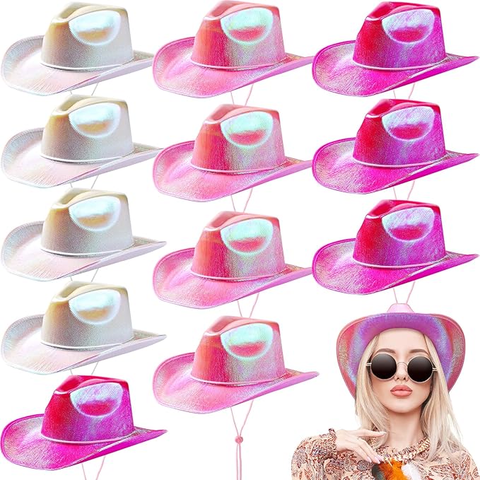Coume 12 Pcs Cowboy Hat Sparkly Glitter Neon Cowgirl Hat for Women Holographic Space Cap for Bachelor Western Cowboy Party