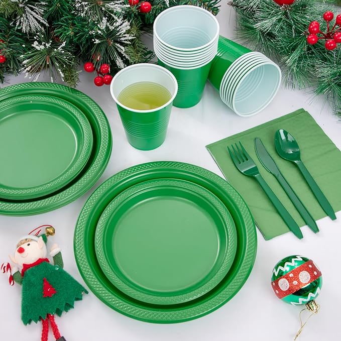 MirthMood 350pcs Green Plastic Plates, green Plates Set, Including Green Disposable Plates and Napkins, Plastic Cutlery and 12OZ Cups, Serve 50 Guests for Party & Wedding
