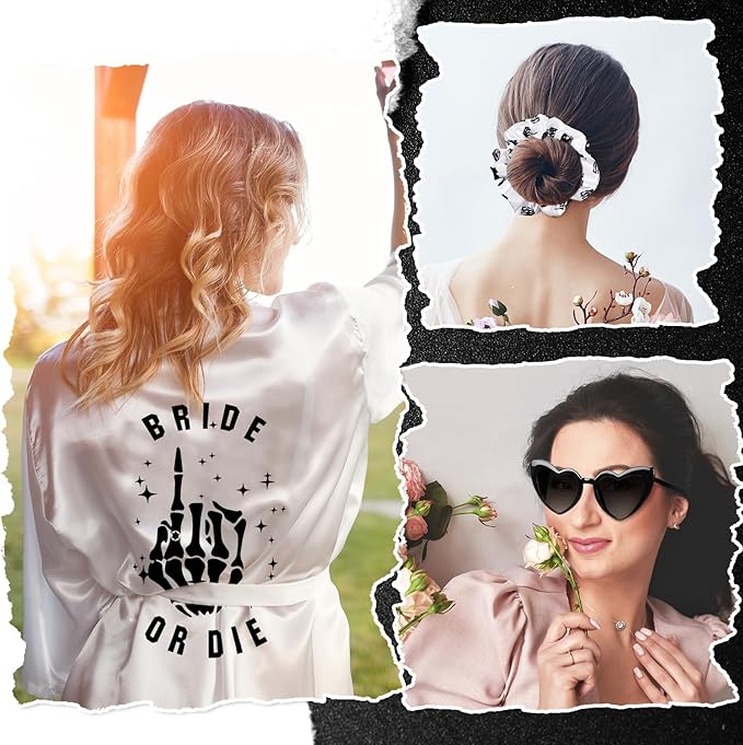 Domensi 24 Pcs Bride or Die Bachelorette Party Decorations Bridesmaid Robes Gift Sets Till Death Do Us Party Decorations Skull Black and White Bridal Robe for Bridal Shower Gothic Wedding Party Dress