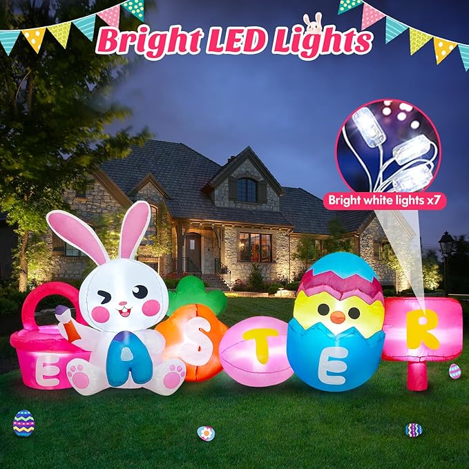 MICOCAH 8 FT Long Easter Inflatables Outdoor Decorations, Inflatable Painting Bunny with Colorful Eggs/Chick/Carrot Build-in LEDs Lights Blow Up Yard Decoration for Decor Holiday Party Lawn, Garden
