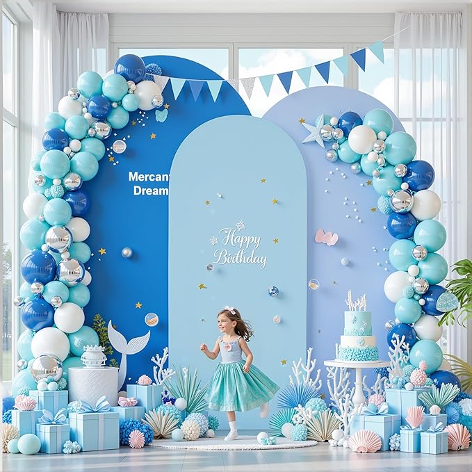 Gradient Blue Arch Backdrop Cover 6FT 5FT 4FT Arch Covers Stretchy Backdrop Set of 3, Party Arch Cover Spandex Fitted Under The Sea Fabric Arch Covers for Baby Shower Birthday Wedding Decoration
