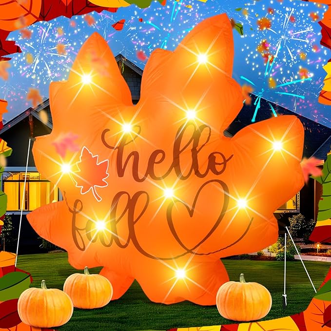 VIHOSE Thanksgiving Inflatable Decorations 5. 25 ft Fall Blow up Decor Fall Maple Leaves LED Lights Inflatable Decoration for Autumn Harvest Indoor Outdoor Yard Garden Lawn Party
