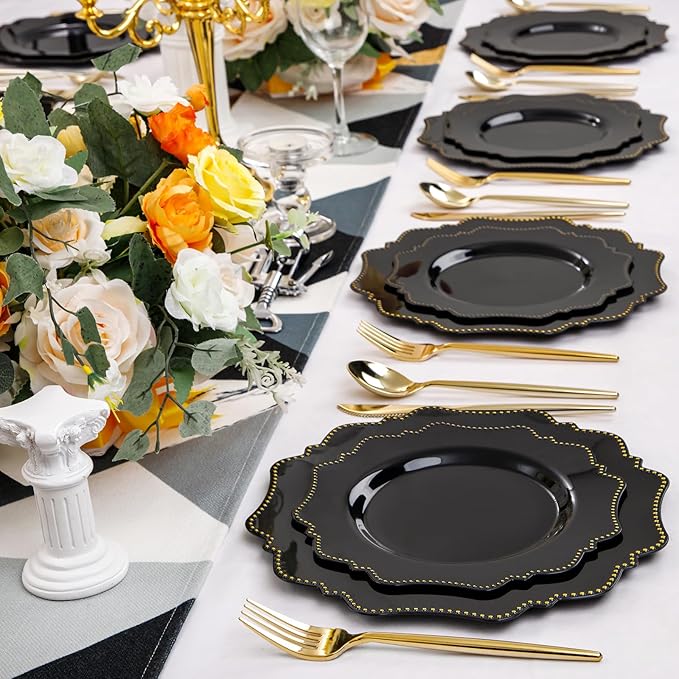 COLOSUS 60pcs Disposable Plastic Plates Set, Gold Black Party Plates, 30pcs Dinner Plates and 30pcs Salad/Dessert Plates for Wedding, Party, Anniversary, Daily Use，New Year
