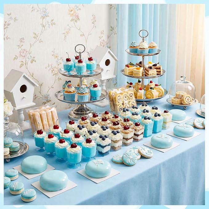 300 Pack Clear Blue Mini Dessert Cups with Spoons 5oz 3oz Plastic Square Slanted Parfait Appetizer Shooter Round Goblet for Dessert Table Birthday Party Ice Cream Pudding Mousse Yogurt