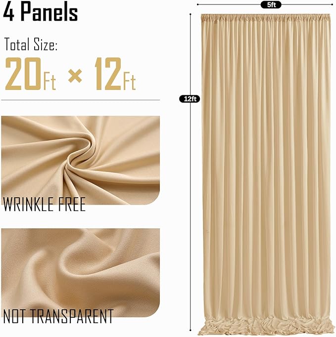 gogoparti 20x12ft Beige Backdrop Curtain for Wedding Parties, 4 Panels (5x12 ft Each) Wrinkle-Free Dackdrop Curtains, Silky Draping Fabric for Birthday Party, Baby Shower, Photo Background