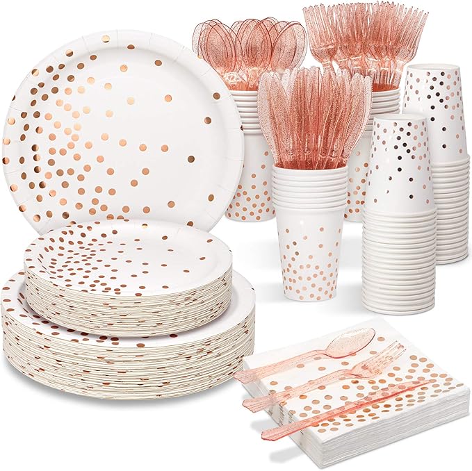White & Rose Gold Party Supplies, 350PCS Disposable Dinnerware Set with Plates Napkins Cups Forks Knives Spoons for Girl Women Birthday Baby Bridal Shower Graduation Wedding Party Decoration