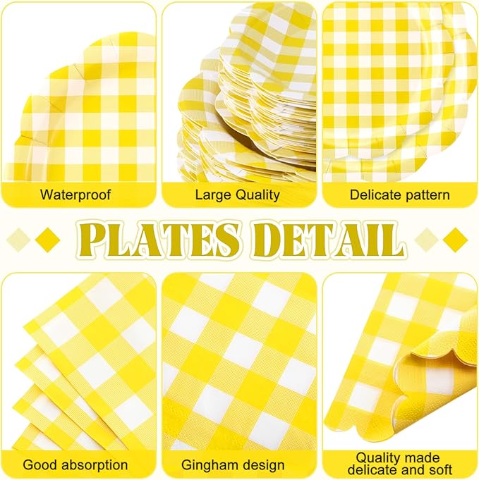 452 Pcs Yellow Gingham Party Supplies for 50, Yellow and White Gingham Checkered Paper Plates Napkins Cups Tablecloth Cutlery Straws for Birthday Family Picnic Barbecue Party Decoration