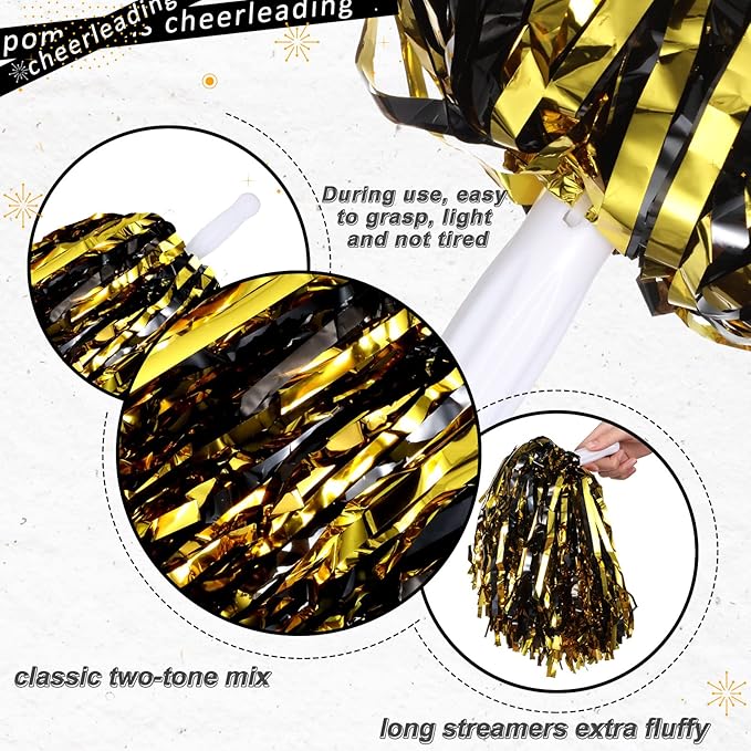 Hanaive 100Pcs Metallic Cheerleading Pom Poms with Baton Handle Cheerleader Pompom Foil 30g Cheering Squad Hand Flowers for Adults Team Spirit Sports Party Cheering