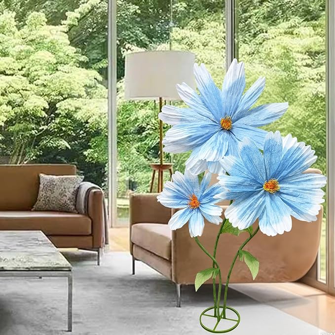 Giant Blue Daisy Artificial Flowers Decorations, Large Paper Flower Bouquets Decor No-Wilting, 3Pcs Artificial Flowers Season Decoration Wedding Mother's Day Flower Wall Arrangements Home Decor Props