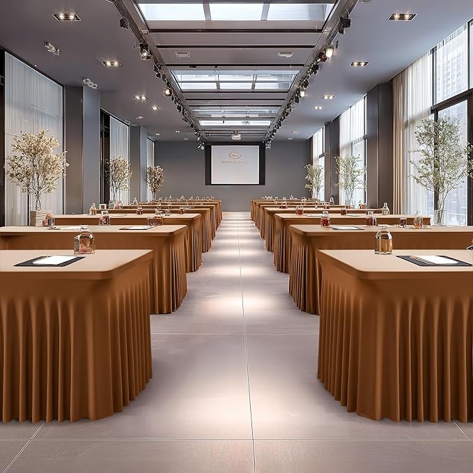 2 Packs Brown Table Clothes for 8 Foot Rectangle Tables, One-Piece Wrinkle Resistant Stretch Spandex Table Covers with Skirt for Event Banquet Wedding Birthday Party