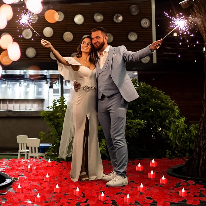 Coume 6000 Pcs Artificial Rose Petals with 120 Pcs Heart LED Tea Lights Candles Kit Valentines Rose Petals Candles Set for Romantic Night Anniversary Proposal Wedding Date Hotel(Red Light)