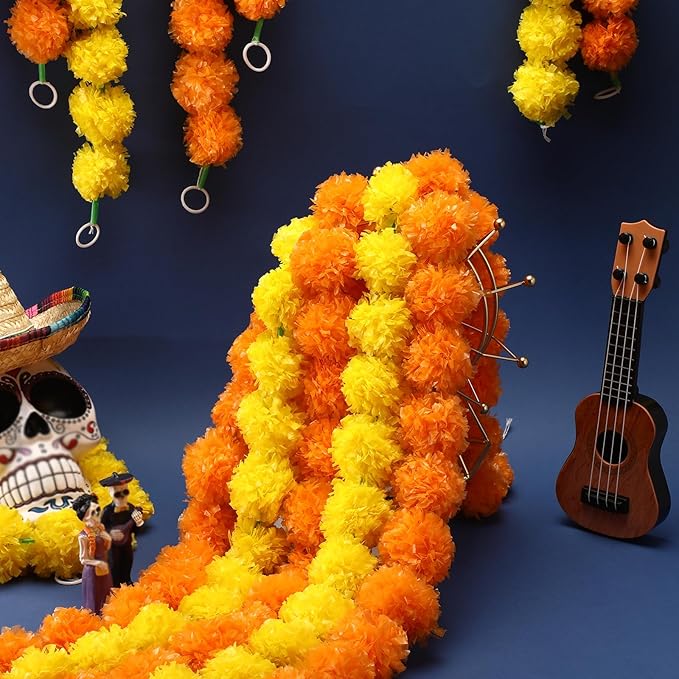 Giegxin 15 Pack Marigold Garland for Decoration 5 ft Long Strands Faux Artificial Marigold Flowers for Dia De Los Muertos Diwali Indian Wedding Party Decorations(Yellow,Orange)