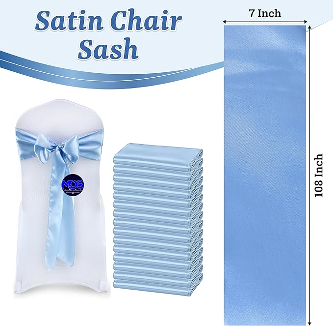 VDS Satin Chair Sashes Chair Cover Back Tie Sateen Bows Ribbon for Wedding Birthday Graduation Engagement Ceremony Event Party Banquet Venue Hotel All Dining Chair Decoration (50PC) (Baby Blue)