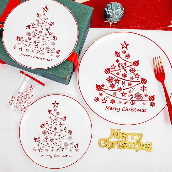 Supernal 150pcs Christmas Plastic Dinnerware Include Red Plastic Plates, Disposalbe Cups,Christmas Party Supplies,Red Plastic Silverware for Christmas Party and New Year