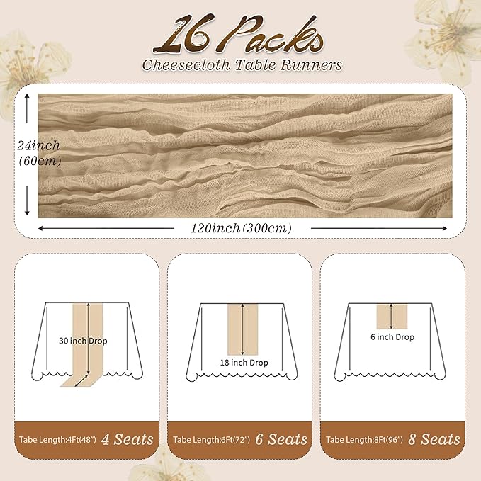 16Packs Champagne Cheesecloth Table Runner – Boho Gauze Vintage Table Decor, 120 Inch Long Rustic Cloth Runner for Wedding, Bridal Shower, Birthday, Romantic Party 10Ft (Champagne, 24" x 120"-16Packs)