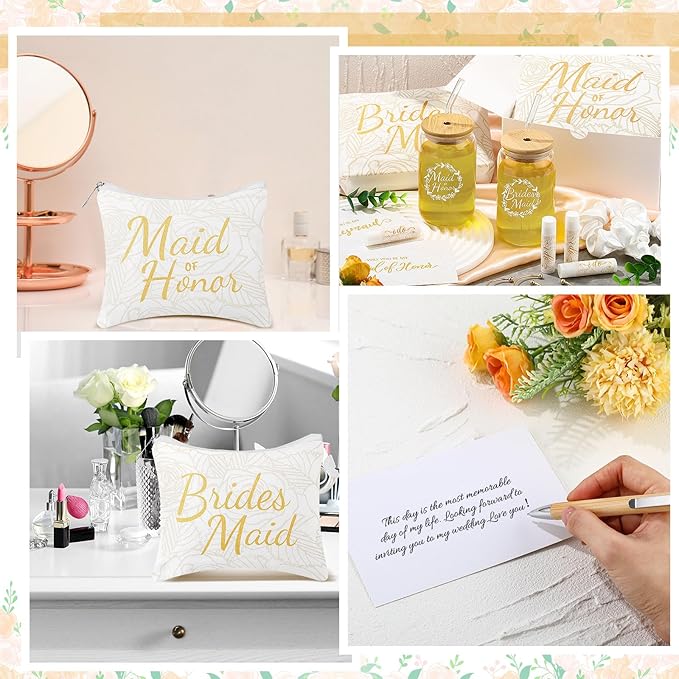 54 Pcs Bridesmaid Proposal Gifts, Maid of Honor Gift Include Wedding Gift Box Makeup Bag Invited Card Glass Cup Lip Balm Scrunchie Bracelet for Bridal Shower Bachelorette Party(White)