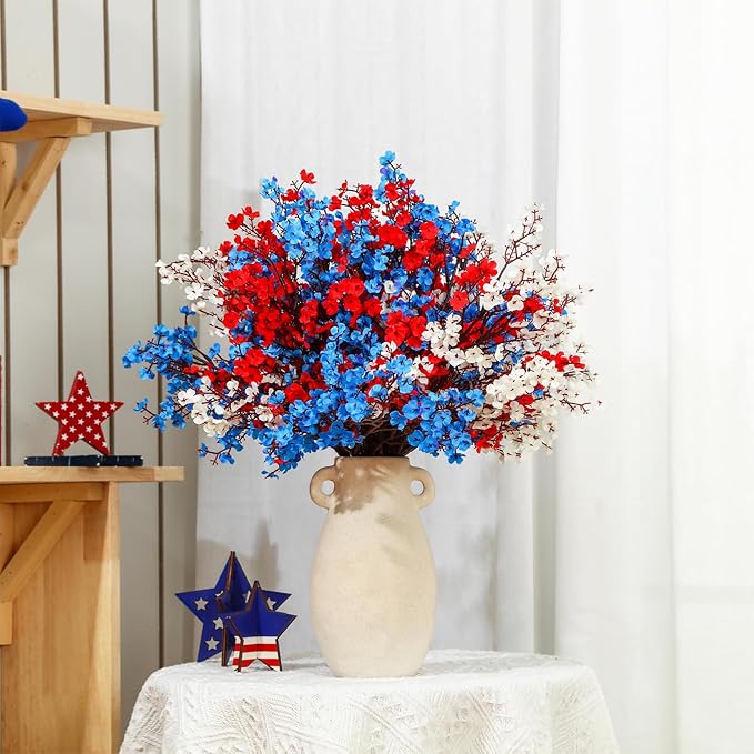 Lyrow 24 Pcs Red Blue White Artificial Flowers Patriotic Table Centerpieces Decoration Fake Babys Breath Picks Stems Floral Arrangement for 4th of July Veterans Independence Memorial Day Home Outdoor