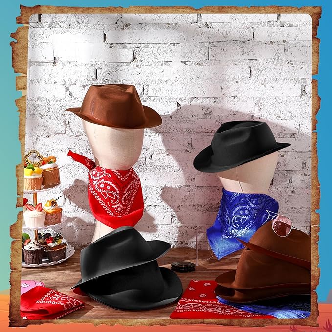 Hillban 72 Pcs Western Cowboy Hat and Paisley Bandana Set for Kids Felt Cowboy Party Hats for Costume Party Favors(Black, Brown)